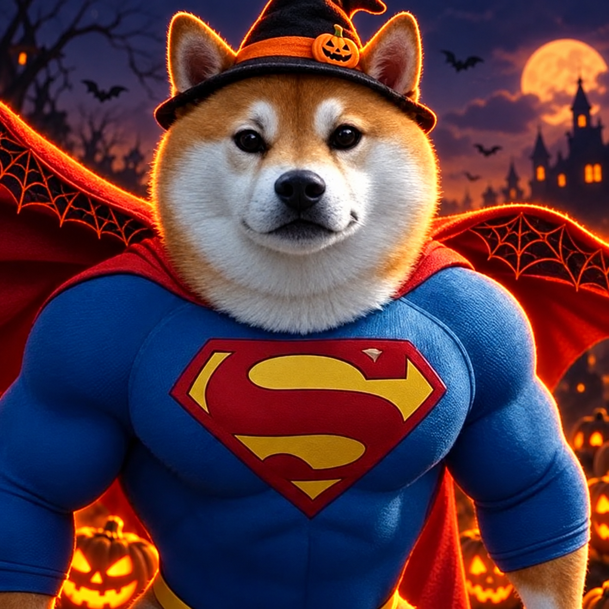 Super Spooky Inu, a shiba hero in a witch hat and cape, surrounded by glowing pumpkins